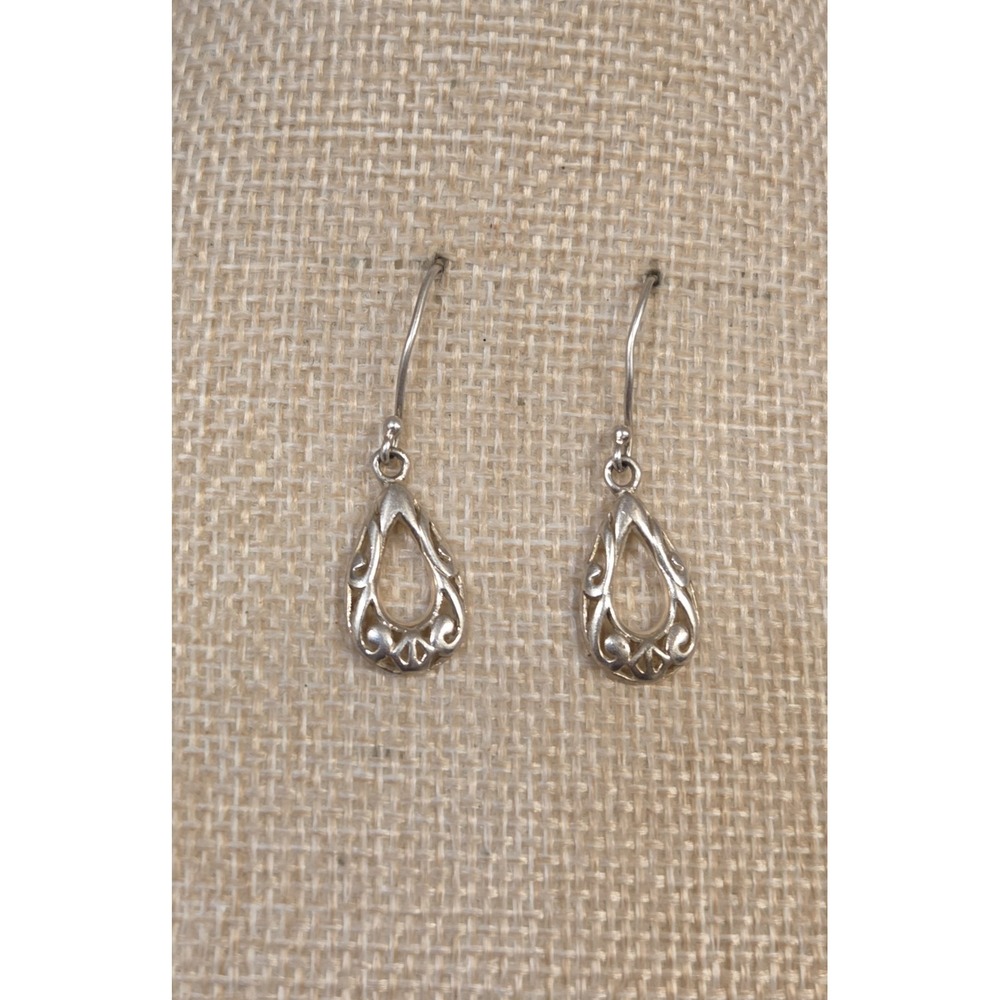Ornate Sterling Silver Scroll Cut Dangle Tear Drop‎ Earrings 925